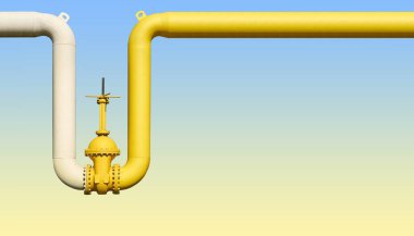 Flanşlı büyük su kapama vanası ve boru hattı sistemindeki kaldıraç mavi sarı gradyan arka plan görünümünde izole edilmiş.