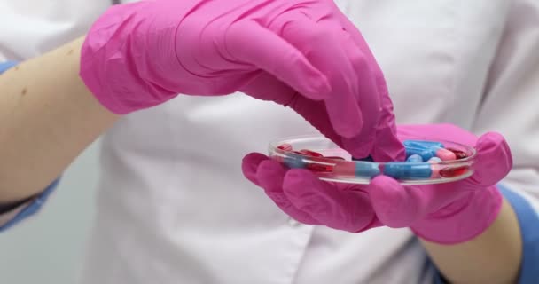 医生用手指在培养皿中移动药物胶囊 用手指拿起蓝色胶囊 指着相机 — 图库视频影像