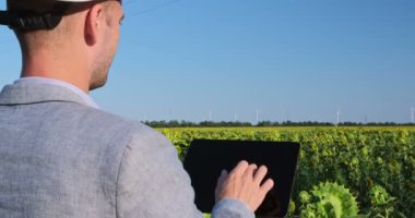 Koruyucu miğferli bir adam tablet üzerinde çalışır ve sonra onu indirir, ayçiçeği tarlasının arka planında durur ve yel değirmenlerinde çalışır. Yeşil enerjiyi yönetmek için.. 