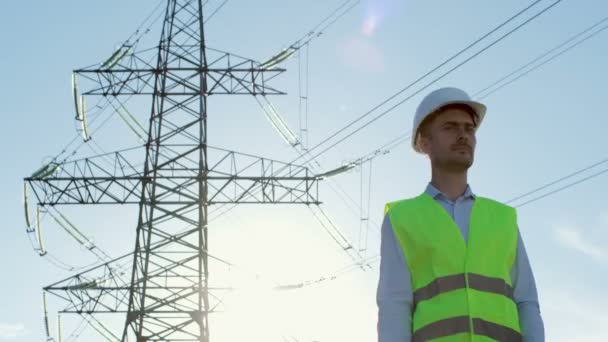 Man Green Vest White Safety Helmet Warns Danger Zone Showing — Stock Video