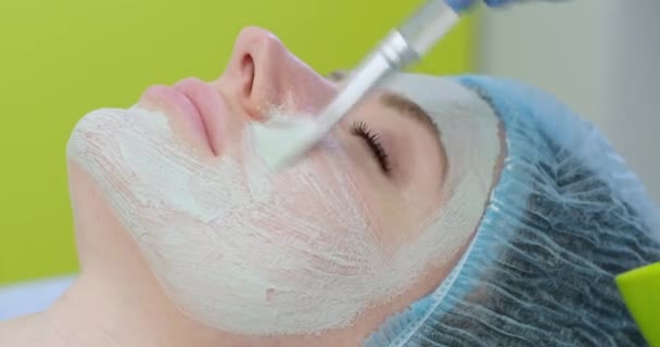 Esthéticienne applique un masque en argile naturelle sur le visage de la femme dans le salon — Video