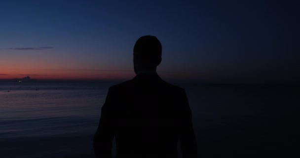 Man in pak staat aan zee en kijkt naar zee na zonsondergang — Stockvideo