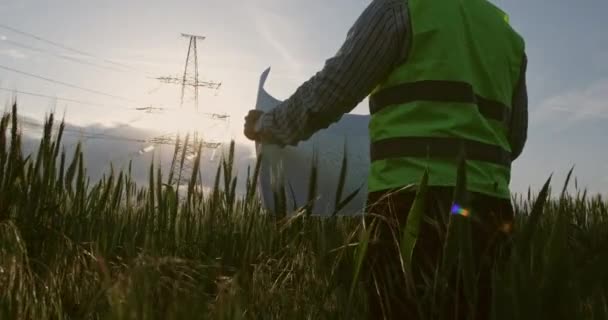 Panierter Mann mit Zeichnung in Weizenfeld mit Stromleitungen — Stockvideo