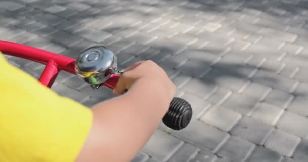 아이는 자전거를 공원을 바퀴를 조종하고 종소리를 울린다 — 비디오