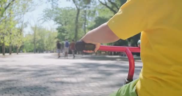 Niño en amarillo camiseta monta triciclo a lo largo de la carretera en el parque — Vídeos de Stock