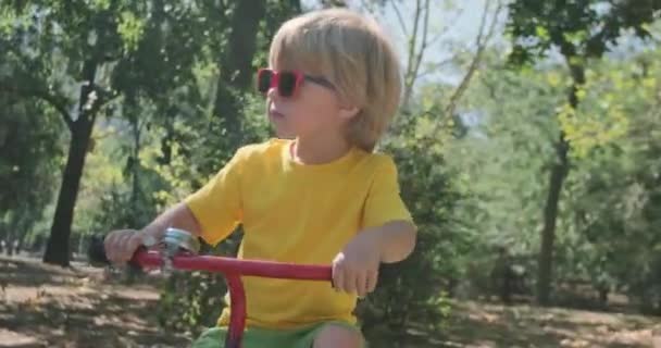 Cool klein kind met een zonnebril rijdt driewieler langs het park — Stockvideo