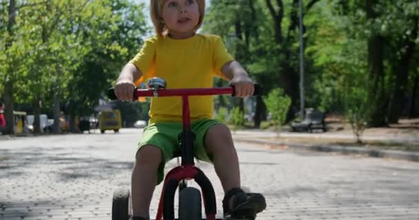 Niño alegre en ropa brillante monta triciclo a lo largo de la pista — Vídeo de stock