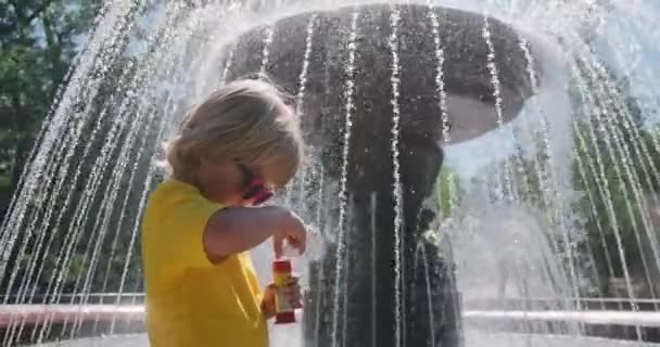 A kisfiú buborékokat fúj a szökőkút közelében a nyári parkban. — Stock videók