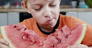 Turuncu tişörtlü çocuk karpuz dilimi çiğniyor. Çocuk tohumları kontrol etmek için bir ısırık daha almadan önce ağız silmeyi peçeteyle bitirir.