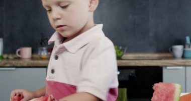 Küçük çocuk karpuz kamışını kaldırıyor yumuşak hamurdan siyah tohumları topluyor. Anaokulu çocuğu tohumları parmak uçlarıyla ayırır ısırık bölgesini temizler böylece tatlı dilimin tadı pürüzsüz olur.