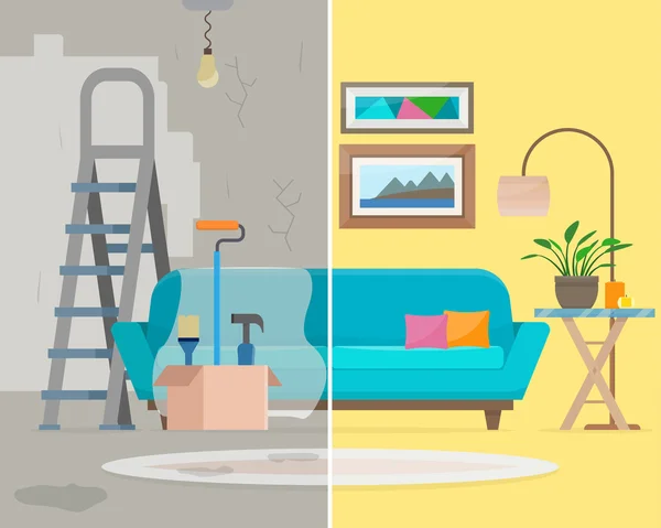 Room before and after repair. — Stock Illustration Room before and after repair. Stock Vector