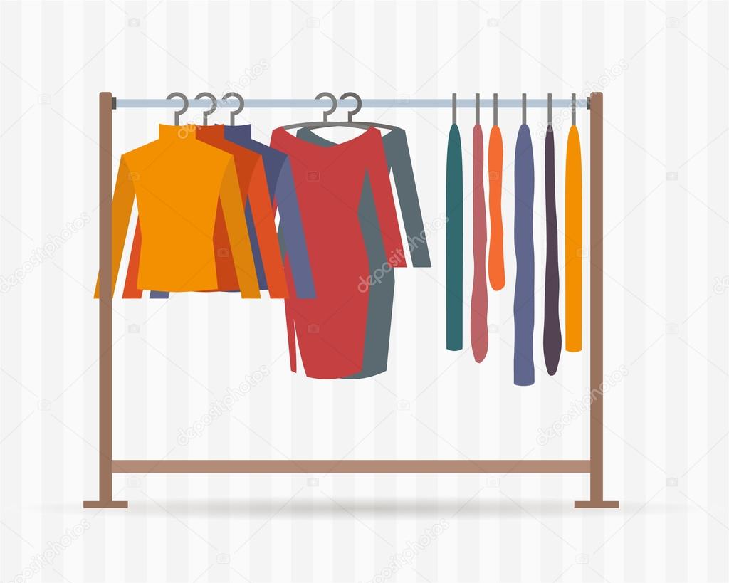 Clothes racks with dresses on hangers — Stock Vector