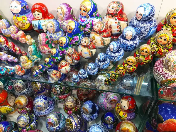 Set Traditional Russian Wooden Doll Matrioshka Dolls Sell Gift Shop — Stock Photo, Image