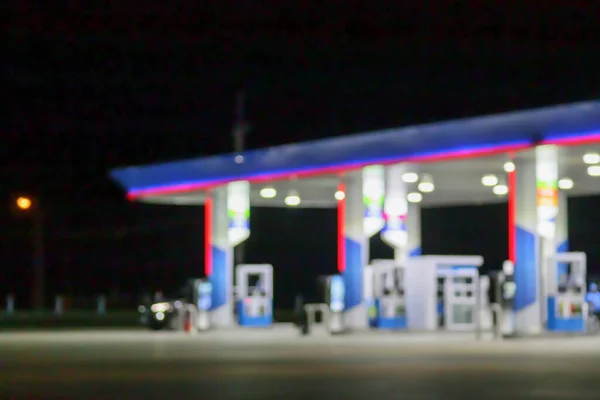 Benzinestation Nachts Wazig Achtergrond Met Bokeh Licht — Stockfoto