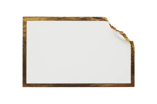 Κενό Αυτοκόλλητο Λευκό Χαρτί Ετικέτα Χρυσό Πλαίσιο Απομονώνονται Λευκό Φόντο — Φωτογραφία Αρχείου
