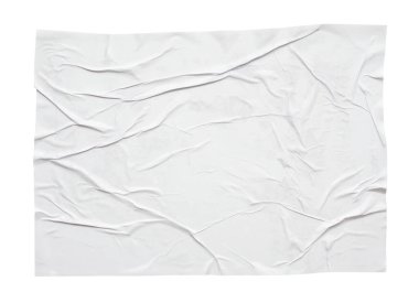 Boş beyaz buruşmuş ve buruşmuş kağıt yapıştırması veya beyaz arkaplanda izole edilmiş poster dokusu