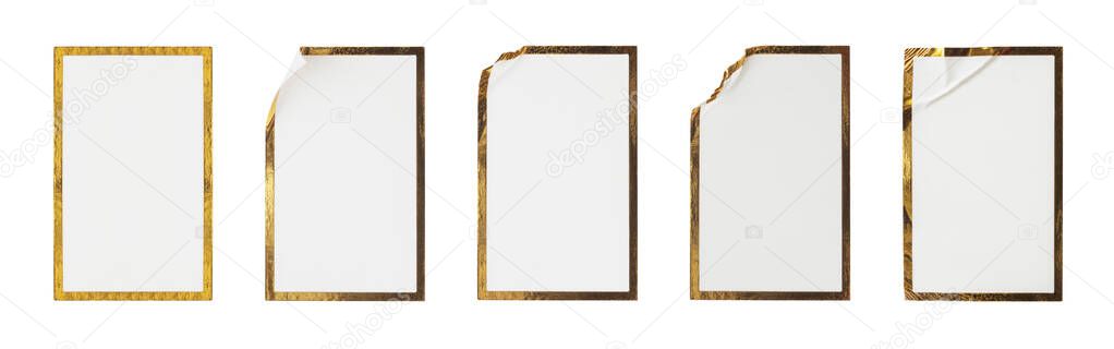 Blank white paper sticker label with golden frame set isolated on white background