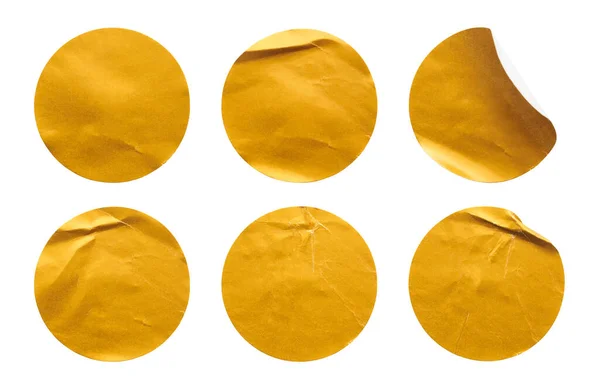 Rótulo Etiqueta Papel Adesivo Redondo Dourado Branco Isolado Fundo Branco — Fotografia de Stock