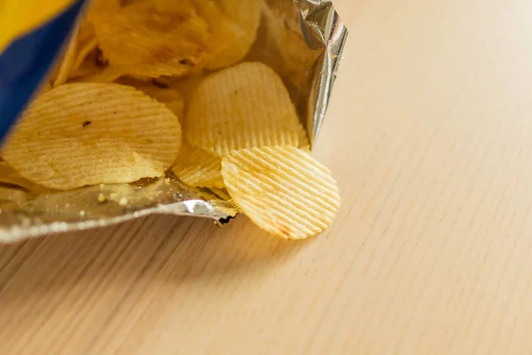 Crispy Potato Chips Snack Bag Wood Table — Stock Photo, Image