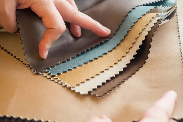 Female Designer Fabric Color Samples Choosing Textile Curtains — Stock Photo, Image