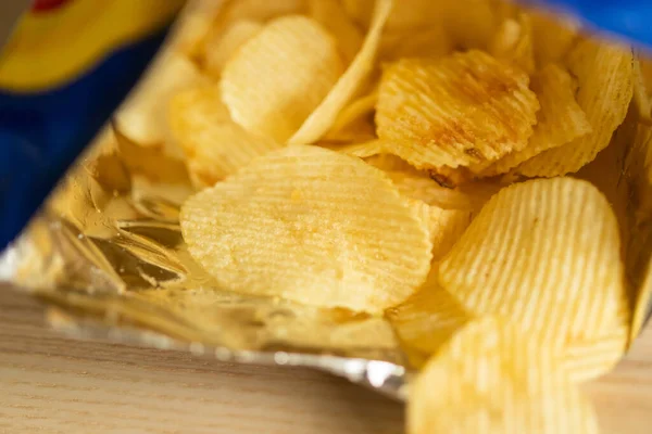 Crispy Potato Chips Snack Bag Wood Table — Stock Photo, Image