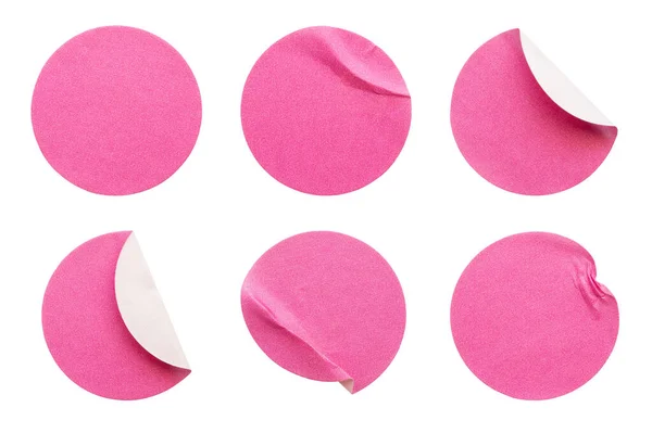 Leere Rosa Runde Klebepapier Aufkleber Etikettenset Kollektion Isoliert Auf Weißem — Stockfoto
