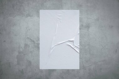 Boş beyaz buğday yapıştırıcısı. Beton duvar arkaplanına yapıştırılmış poster modeli.