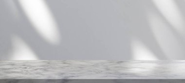 Model ürün görüntüsü için beyaz duvar zemininde ağaç gölgesi olan mermer tablo