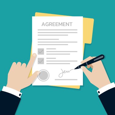 İş adamı elleri anlaşma formu belgesinde, iş konseptinde, vektör illüstrasyonunda düz stil imzalar ve damgalar.