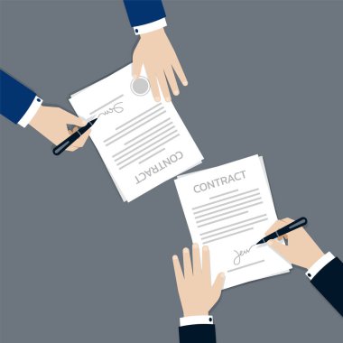İki İşadamı sözleşme anlaşma formu belgesinde imzalı ve damgalı, İşletme Ortaklığı konsepti, Vector Illustration düz stilde.