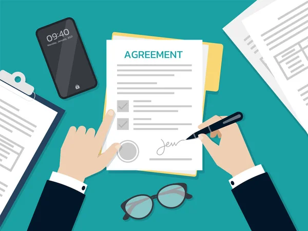 Επιχειρηματίας Χέρια Υπογραφή Και Stamped Σχετικά Έγγραφο Μορφή Της Συμφωνίας — Διανυσματικό Αρχείο