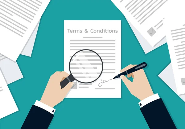 Homme Affaires Mains Signer Sur Les Termes Conditions Formulaire Document — Image vectorielle