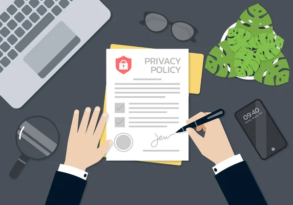 Biznesmen Ręce Podpisywanie Stemplowane Dokumencie Polityka Prywatności Formularz Koncepcja Biznesowa — Wektor stockowy