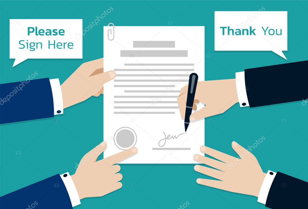 Two Businessman signing on contract document paper, Business concept of partnership or cooperation, Vector Illustration in flat style.