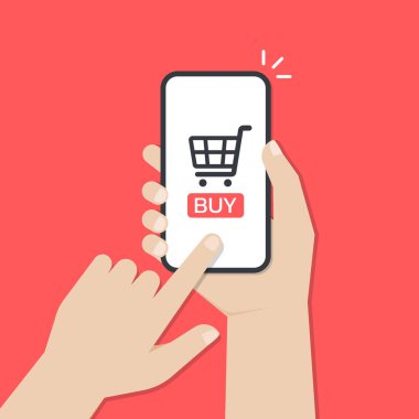 Çevrimiçi alışveriş uygulaması, online alışveriş, vektör, illüstrasyon konsepti kullanırken ekranda bir akıllı telefon ve dokunuş tutan eller.