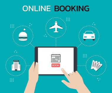 Elleriniz ekranda bir tablet ve dokunuşla çevrimiçi rezervasyon uygulamasını kullanırken, otel rezervasyonu, bilet rezervasyonu, sinema biletleri, restoranlar ve daha fazlası..