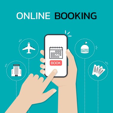 Elleriniz akıllı bir telefon tutarken ve ekranda dokunurken online rezervasyon uygulamasını kullanın, otel rezervasyonu, bilet rezervasyonu, sinema biletleri, restoran rezervasyonları....