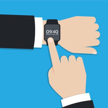 Modern smartwatch ya da giyilebilir aygıt iş adamı elinde, düz tasarım vektör çizimi.