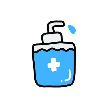 El çizimi karikatür el dezenfektanı şişesi, vektör ve illüstrasyon..