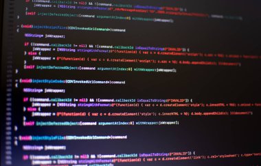 Kaynak kod programcıları programlanıyor. İnternet iş hizmetleri ile kullanmak için kodlama uygulamaları. Dizüstü bilgisayar ekranında gösterilen programlama kodu. Yakın çekim fotoğrafçılığını ve bulanık arkaplanı al.