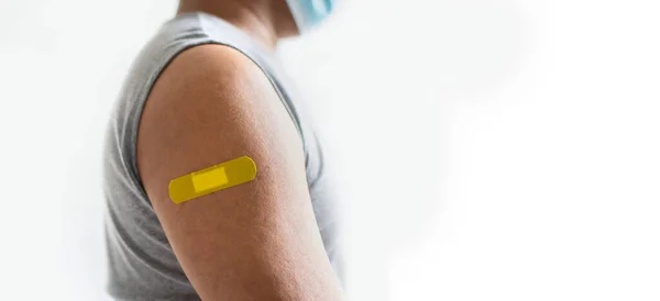 Yellow Plaster Attached Man Arm Concept First Aid Coronavirus Covid — Stock Photo, Image