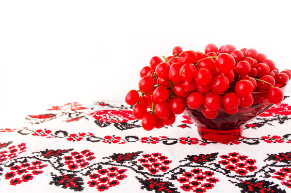 Viburnum on embroidered cross-stitch pattern. Ukrainian symbol