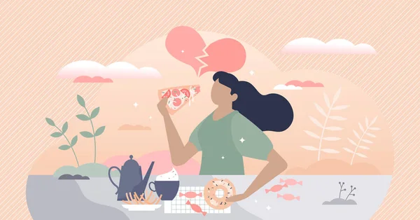 Binge manger comme consolation avec trop manger et gourmandise concept de personne minuscule — Image vectorielle