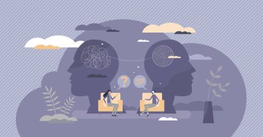 Kafası karışmış hasta küçük insan konseptiyle psikoloji terapi doktor seansı