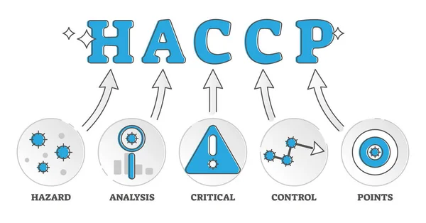 HACCP ετικέτα πρότυπο ελέγχου τροφίμων εξήγησε έννοια περίγραμμα διάγραμμα έννοια — Διανυσματικό Αρχείο