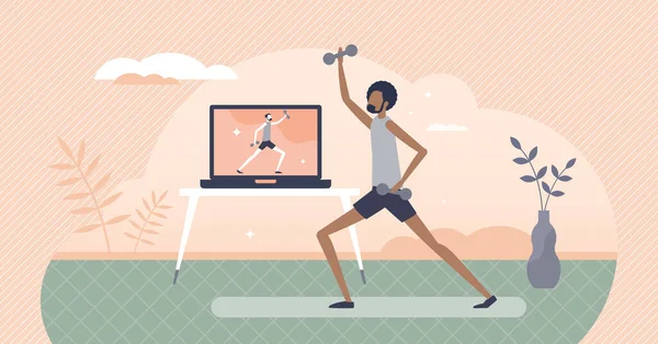 Fitness virtuale come allenamento distante e attività sportiva concetto di persona minuscola — Vettoriale Stock