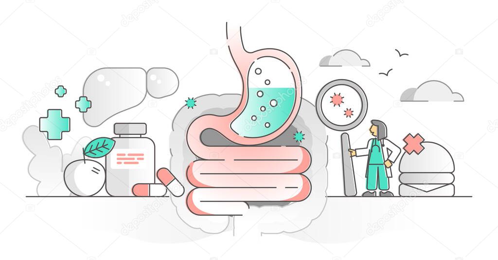 Gastroenterology as stomach and digestive system monocolor outline concept