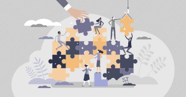 Teamwork jigsaw puzzle as partnership work assistance tiny persons concept clipart