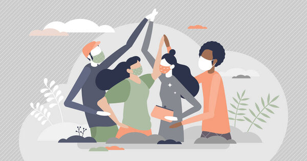 Friends meeting together live with protective face masks tiny person concept