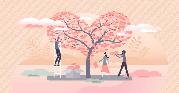 Árbol de donación como apoyo voluntario que da cuidado y amor concepto de persona pequeña — Archivo Imágenes Vectoriales